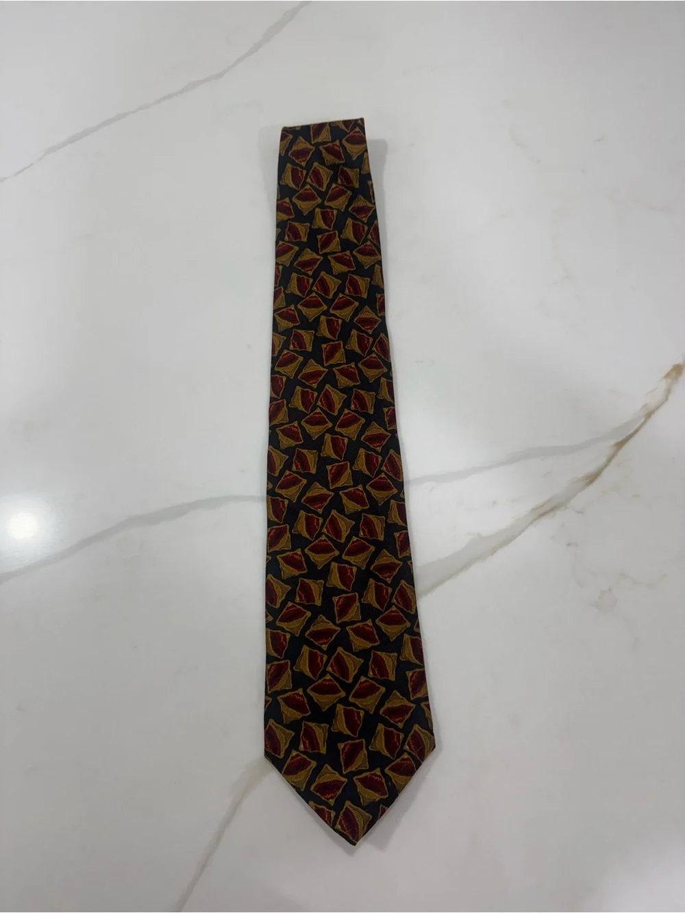 Joseph Abboud Black Silk Tie with Red & Gold Geometric Motif